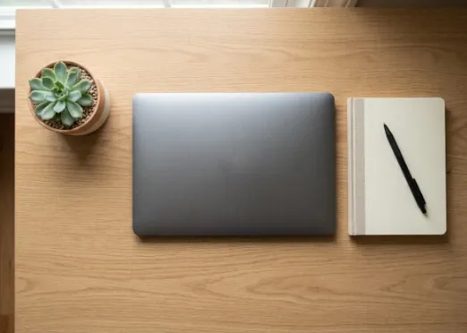 An overhead flat-lay of a closed laptop, a notepad, and a small succulent on a wooden desk in soft natural light.
